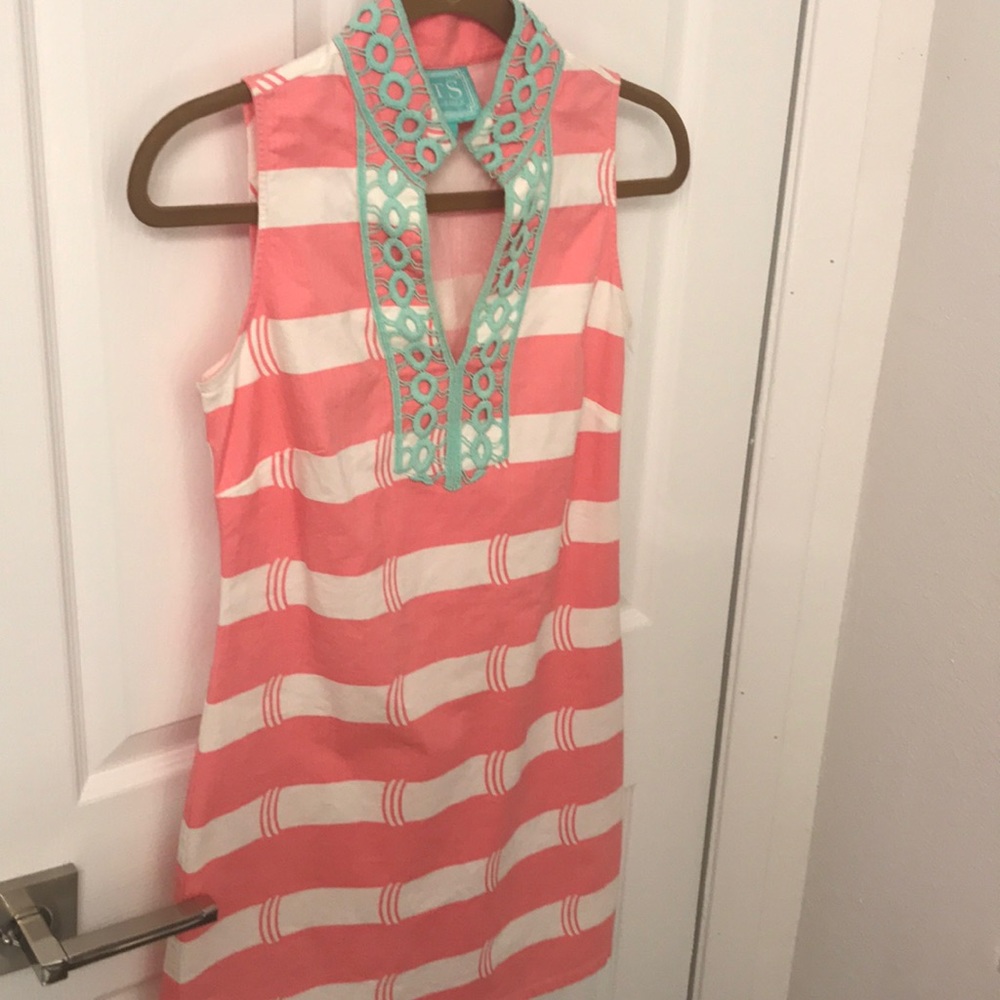 Sail to Sable Coral and White Striped Mini Dress with Mint Trim